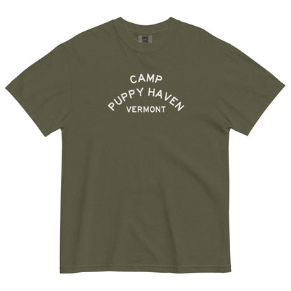 Camp Puppy Haven Vermont tee in Sage with cream three-tier camp lettering