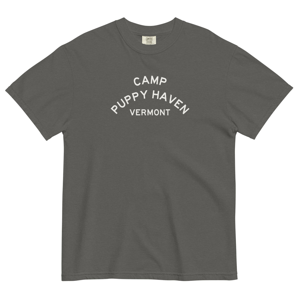 Camp Puppy Haven Vermont tee in Pepper with cream three-tier camp lettering