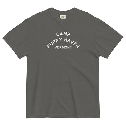 Camp Puppy Haven Vermont tee in Pepper with cream three-tier camp lettering
