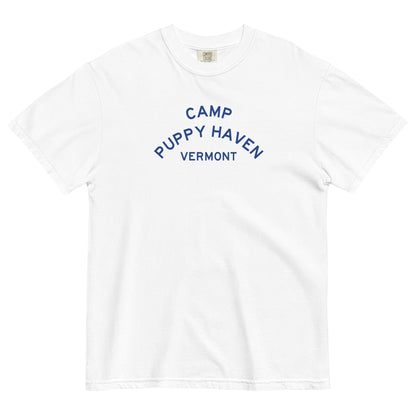 Camp Puppy Haven Vermont tee in White with navy three-tier camp lettering