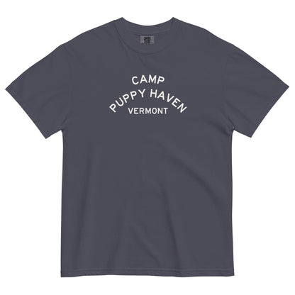 Camp Puppy Haven Vermont tee in Navy with cream three-tier camp lettering