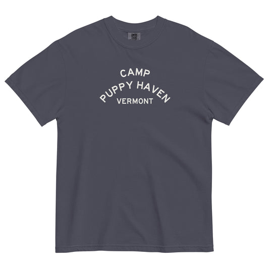 Camp Puppy Haven Vermont tee in Navy with cream three-tier camp lettering