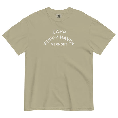 Camp Puppy Haven Vermont tee in Khaki with navy three-tier camp lettering