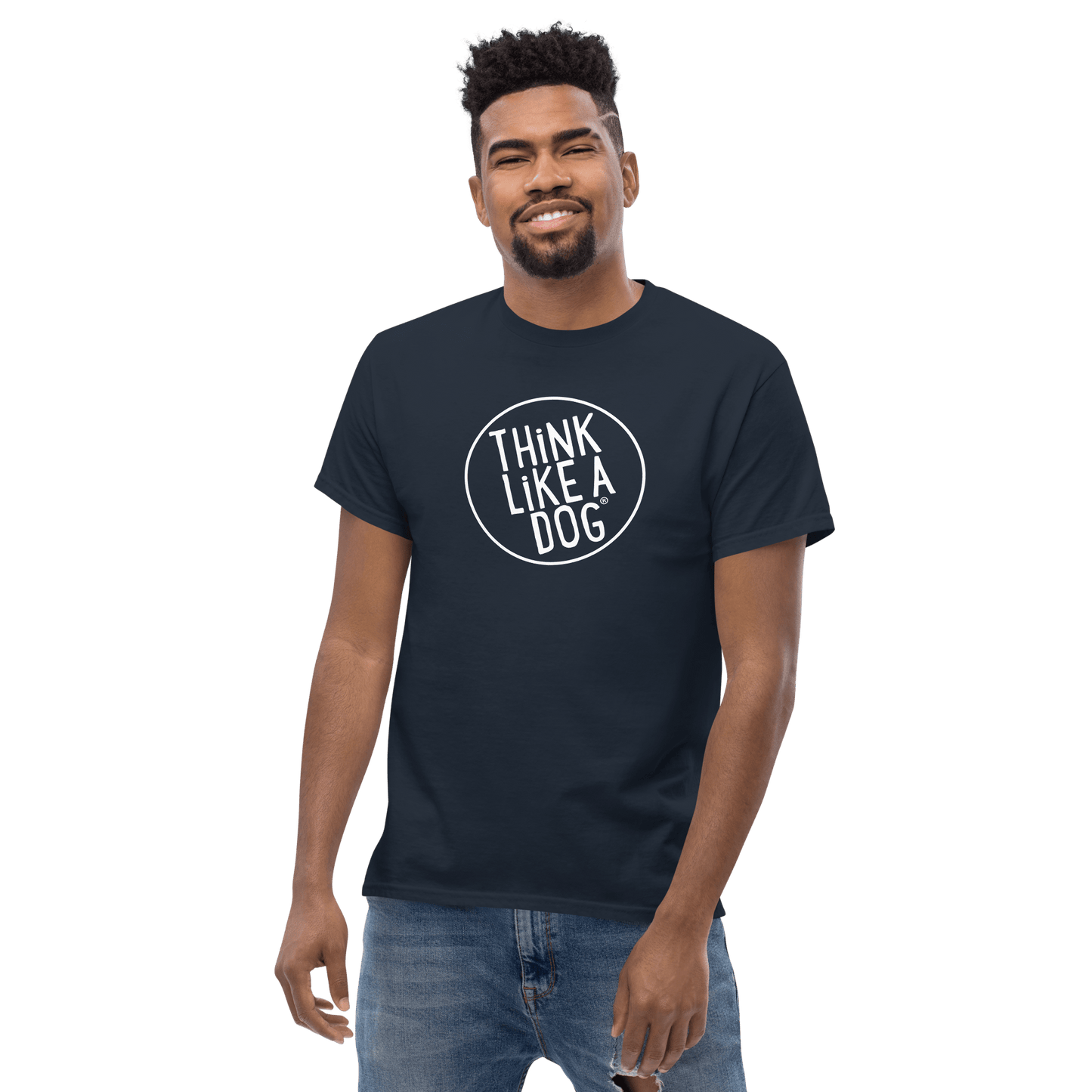 Classic Men's Tee with White THiNK LiKE A DOG Logo – Dog Lover Shirt - THiNK LiKE A DOG®