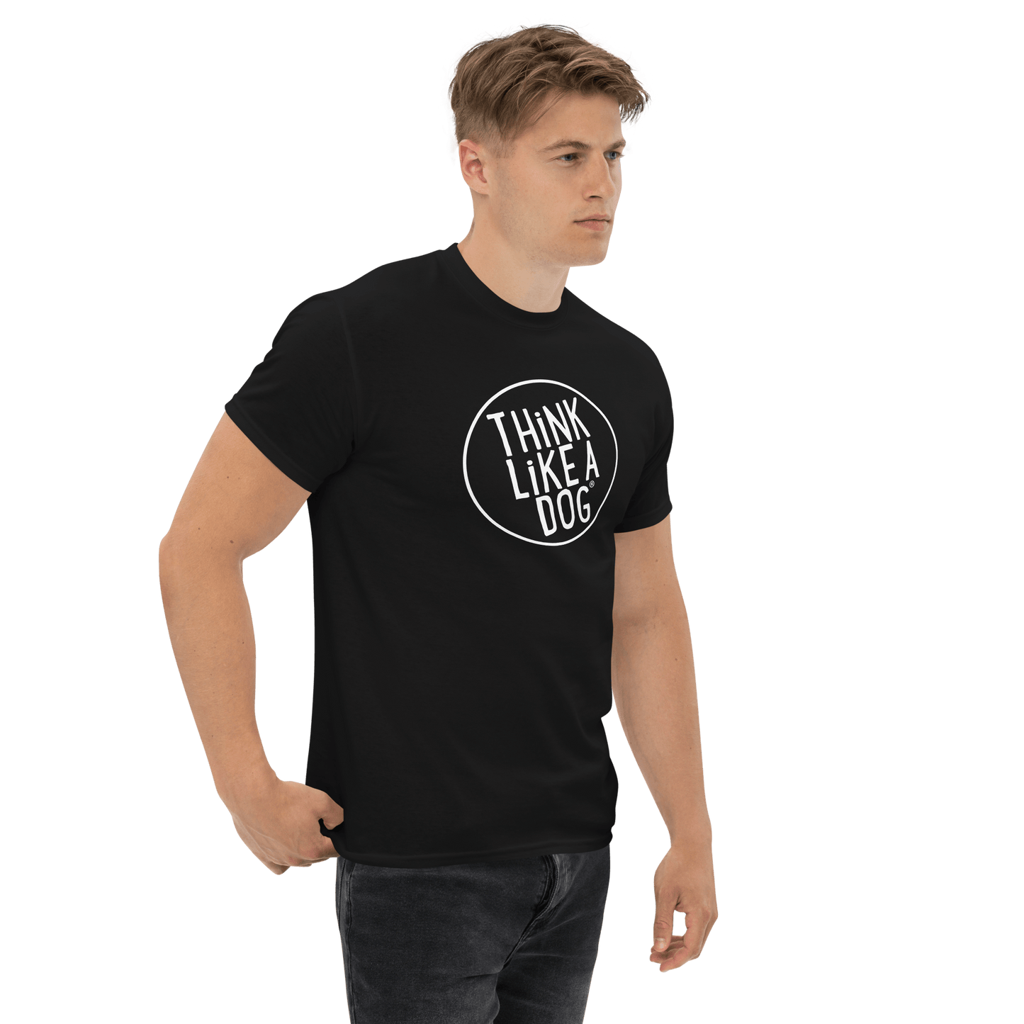 Classic Men's Tee with White THiNK LiKE A DOG Logo – Dog Lover Shirt - THiNK LiKE A DOG®