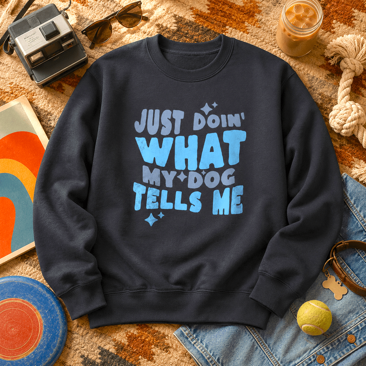 Navy "Just Doin' What My Dog Tells Me" sweatshirt on a southwestern rug with a vintage Polaroid camera, sunglasses, iced coffee, rope toy, tennis ball, denim, and a leather dog collar with bone-shaped tag