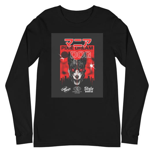 The Edgy Dog-Themed Shirt by THiNK LiKE A DOG® is a black long sleeve tee featuring the "Manic Pixie Dream Dog" Kanji graphic, complete with red and white text, a stylized dog face, and additional logos—ideal for street style fans who enjoy playful, dog-themed designs.