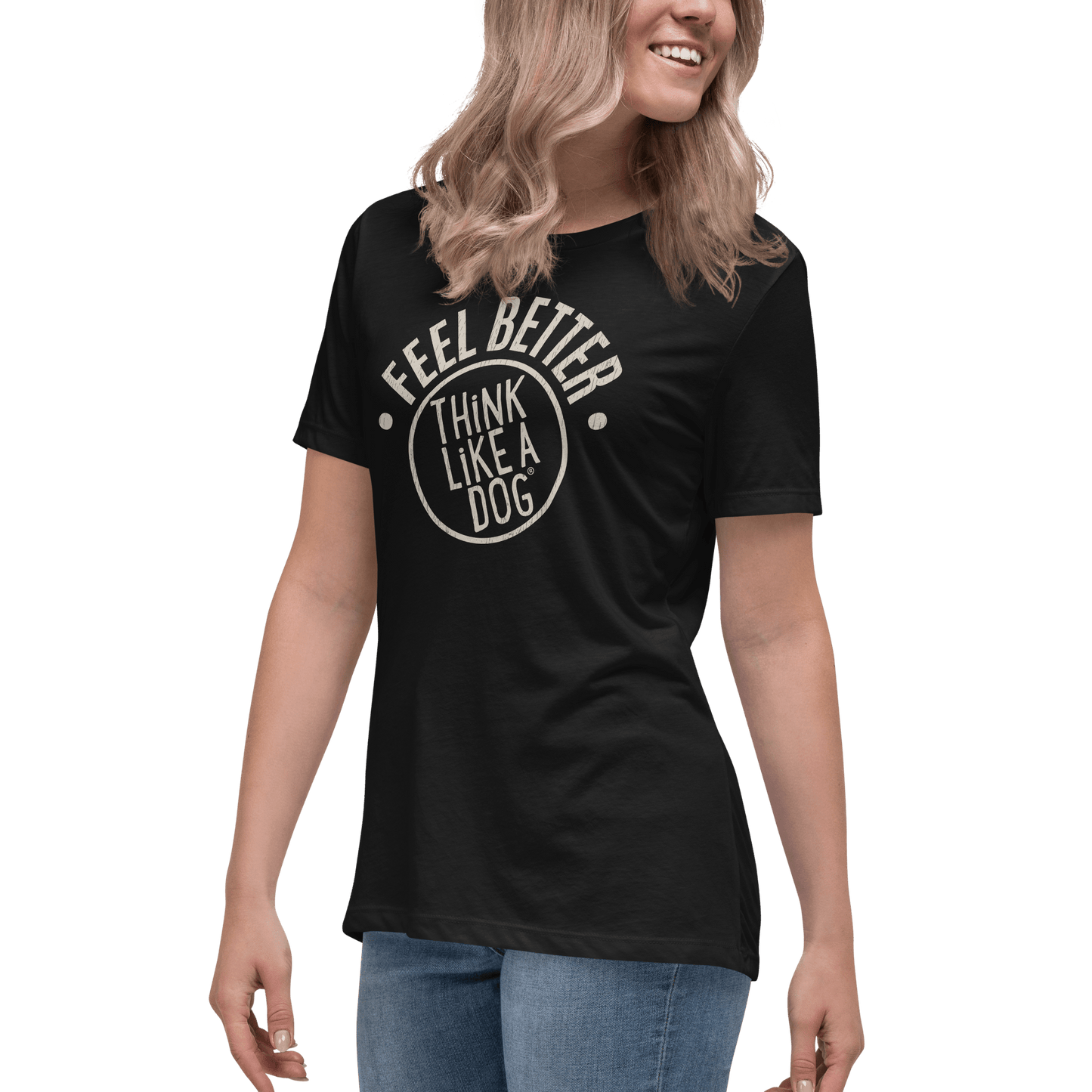 A person wears a THiNK LiKE A DOG® black "Feel Better Women's T-Shirt with Large Logo," perfect for dog lovers, paired with blue jeans.