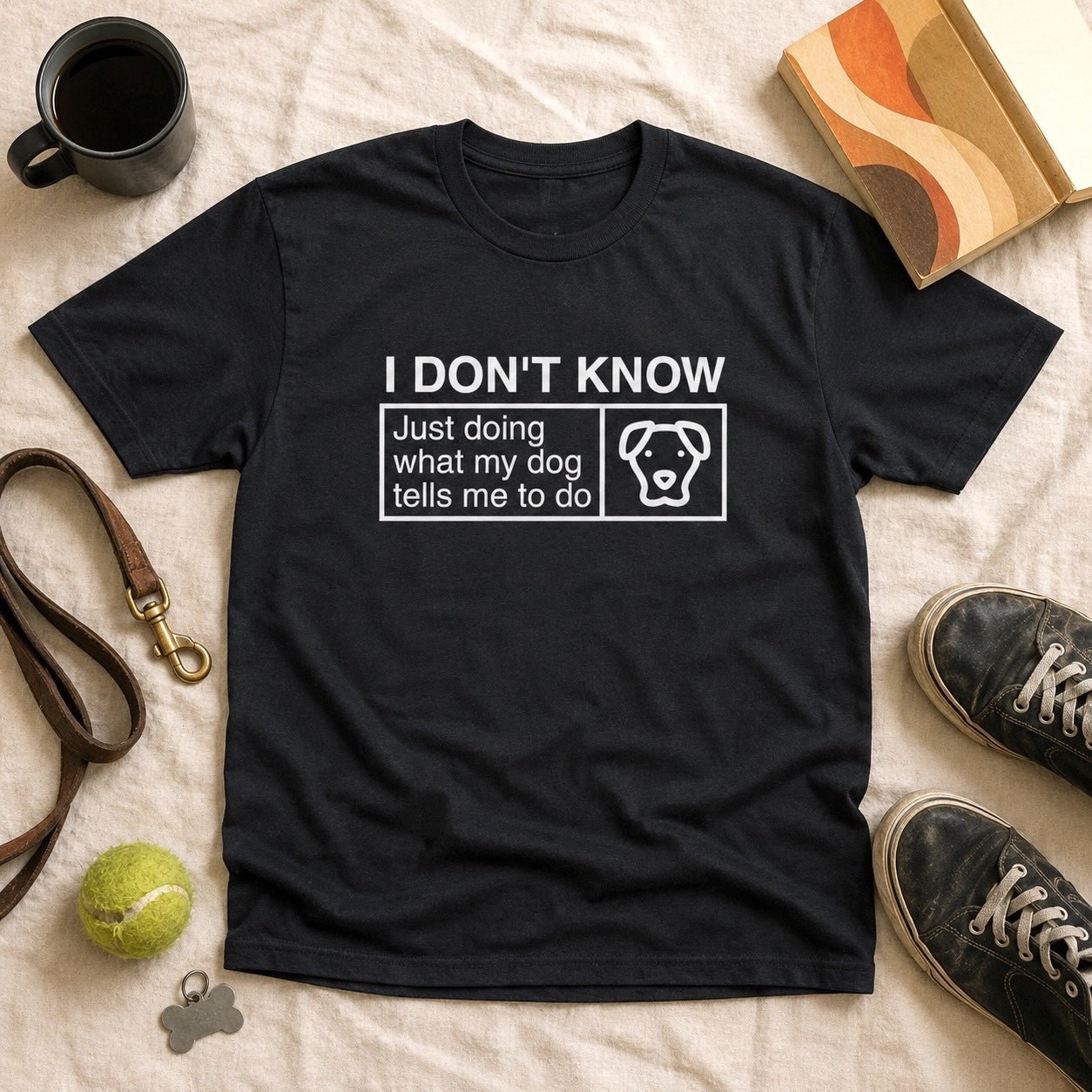 Black t-shirt flat-lay with a white classification-label print reading "I DON'T KNOW — Just doing what my dog tells me to do" alongside a dog-face icon, styled with a black coffee mug, retro wave-pattern book, leather leash, tennis ball, bone-shaped ID tag, and worn canvas sneakers on cream linen.
