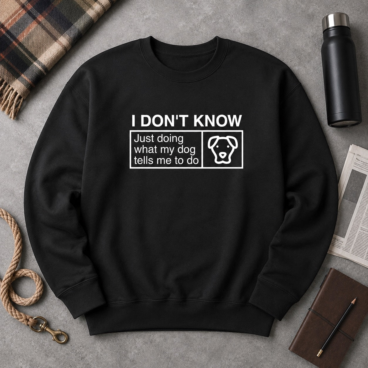 Black crewneck sweatshirt flat-lay with a white classification-label print reading "I DON'T KNOW — Just doing what my dog tells me to do" alongside a dog-face icon, styled with a plaid flannel throw, black insulated water bottle, folded newspaper, leather journal with pencil, and rope leash on slate concrete.