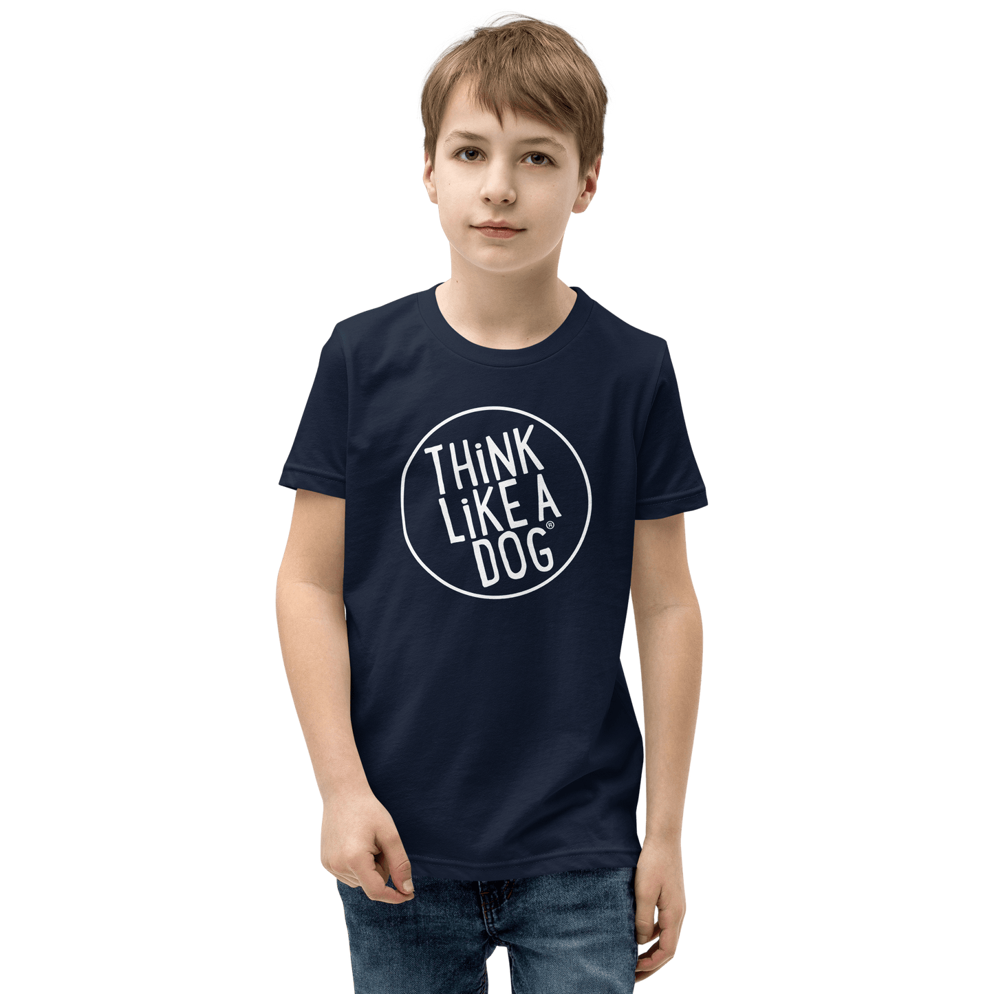 Kids' Short Sleeve T-Shirt – Think Like a Dog® White Logo | Fun Dog - Themed Apparel - THiNK LiKE A DOG®