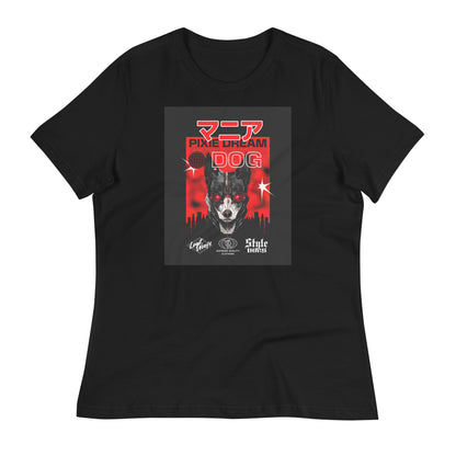 The Manic Pixie Dream Dog Women's Relaxed T-Shirt from THiNK LiKE A DOG® features a red and black dog graphic against a cityscape with Japanese and English text, perfect for any dog lover.