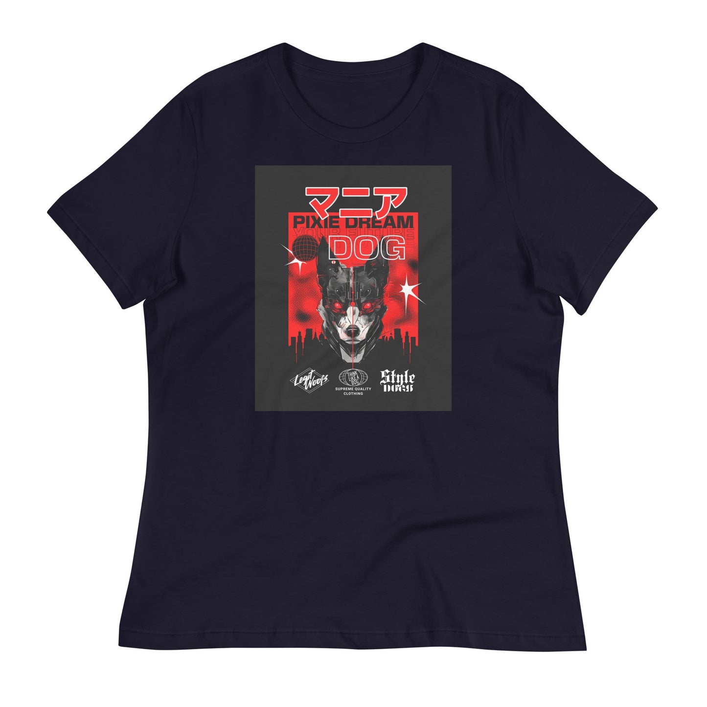 The Manic Pixie Dream Dog Women's Relaxed T-Shirt by THiNK LiKE A DOG® features a minimalist black design with a dog's face, Japanese text, and "Pixie Dream Dog" in red and gray, alongside skyline and star motifs. Perfect for dog lovers!.