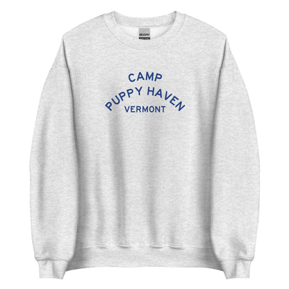 Camp Puppy Haven Vermont crewneck sweatshirt in Ash with navy three-tier camp lettering