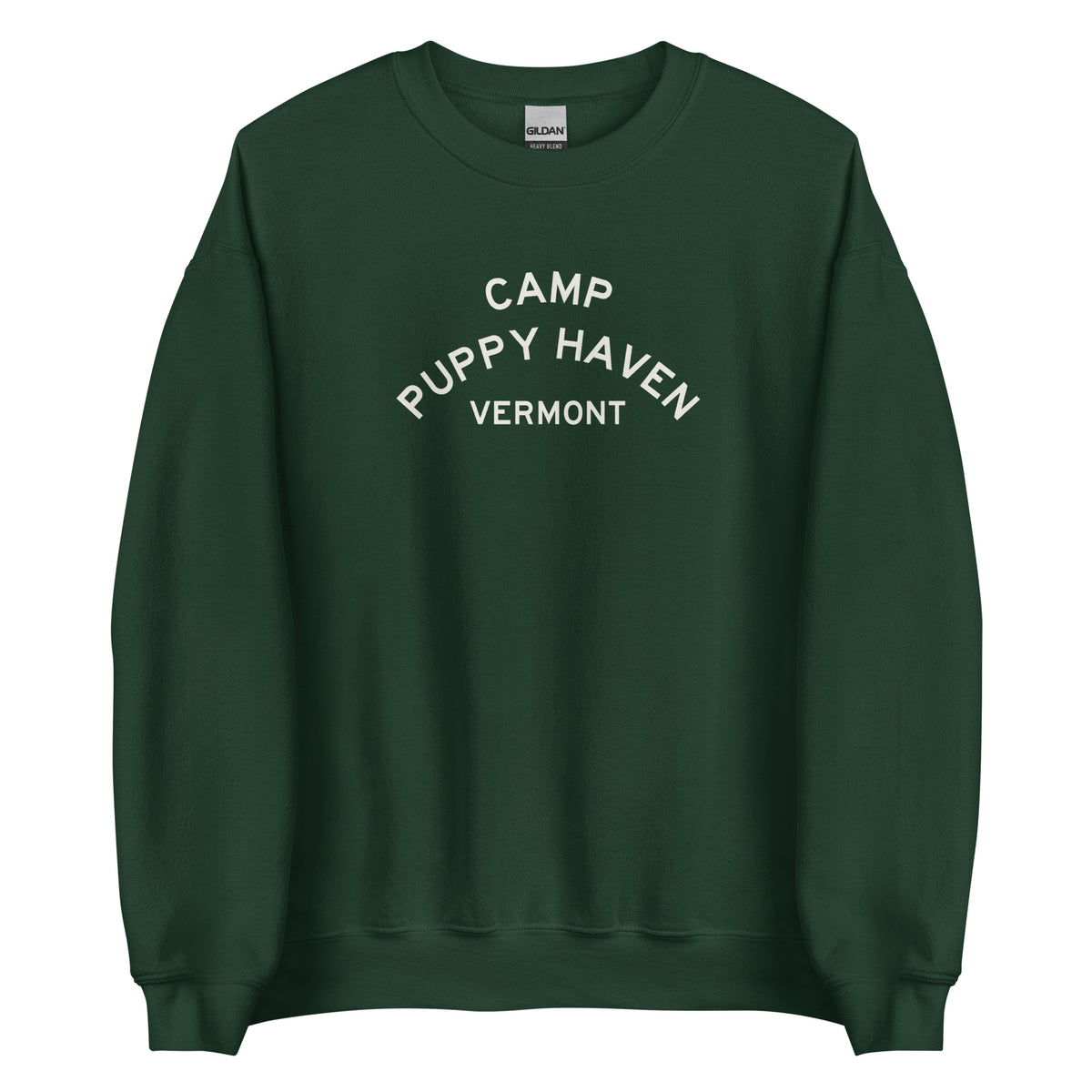 Camp Puppy Haven Vermont crewneck sweatshirt in Forest Green with cream three-tier camp lettering