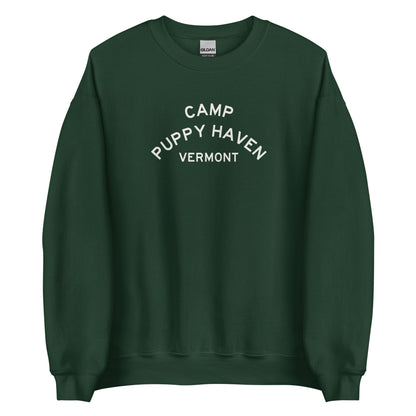 Camp Puppy Haven Vermont crewneck sweatshirt in Forest Green with cream three-tier camp lettering