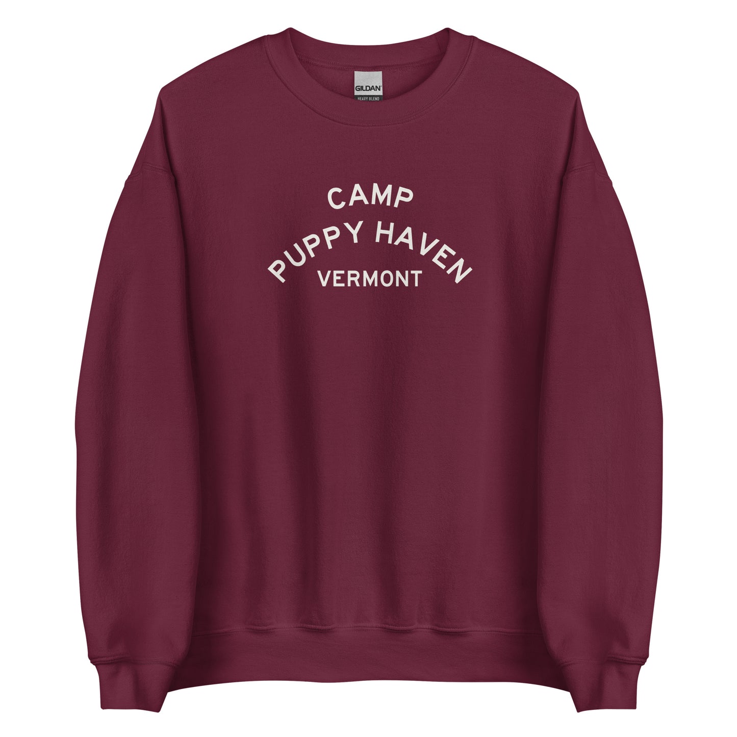 Camp Puppy Haven Vermont crewneck sweatshirt in Maroon with cream three-tier camp lettering