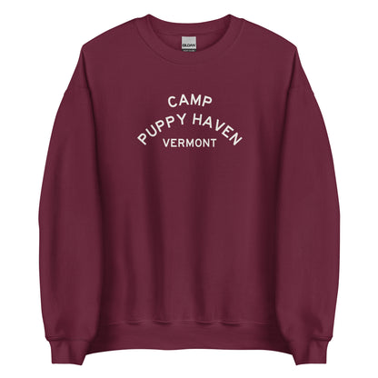Camp Puppy Haven Vermont crewneck sweatshirt in Maroon with cream three-tier camp lettering