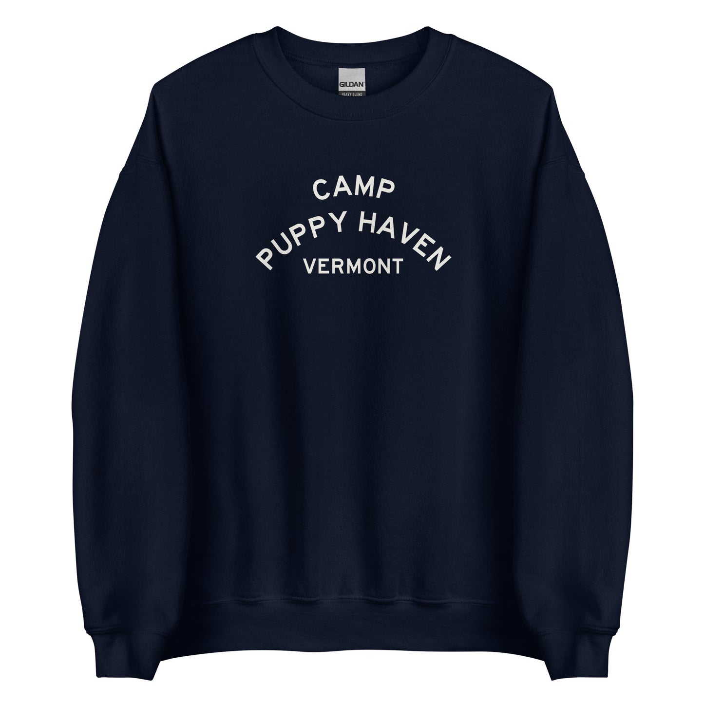 Camp Puppy Haven Vermont crewneck sweatshirt in Navy with cream three-tier camp lettering