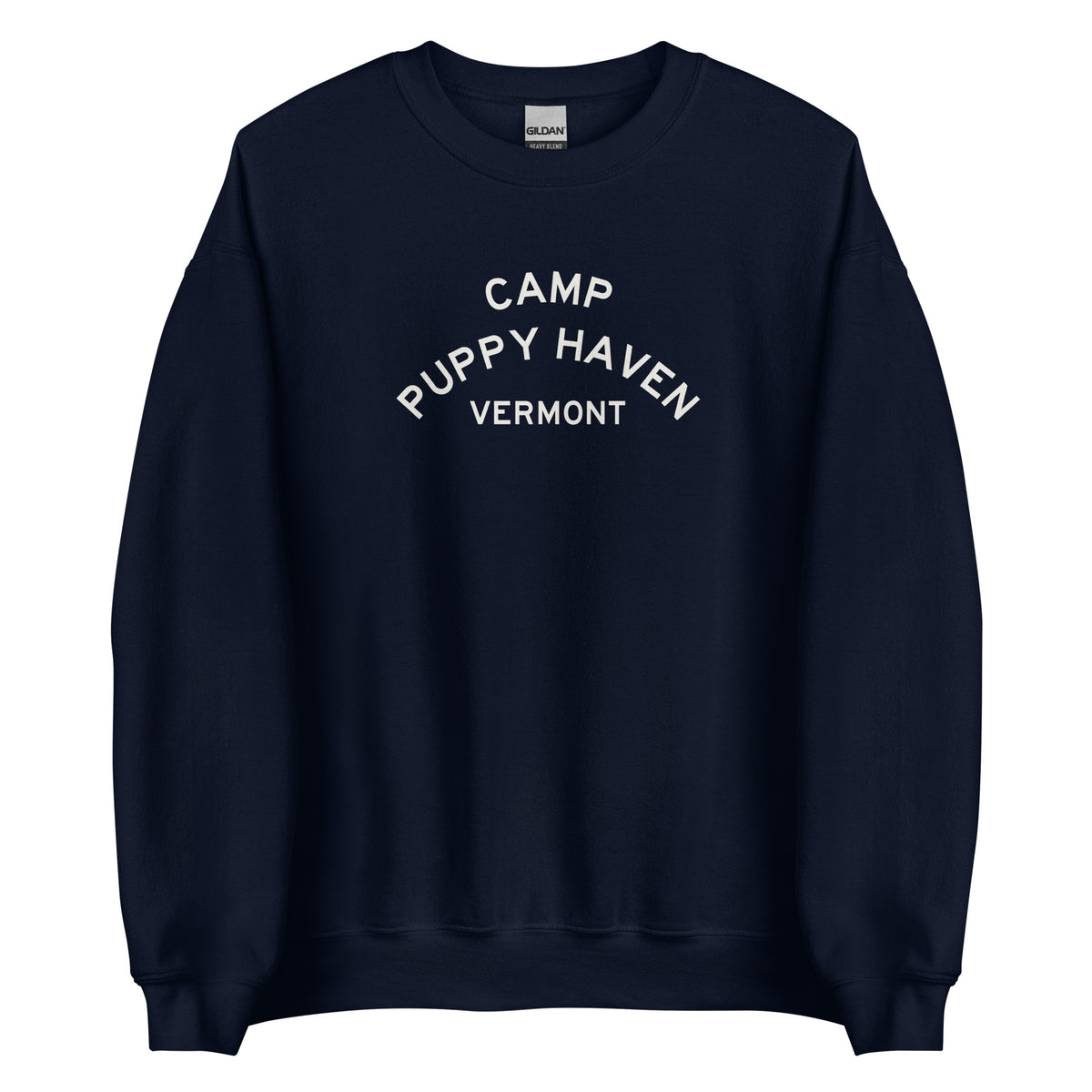 Camp Puppy Haven Vermont crewneck sweatshirt in Navy with cream three-tier camp lettering