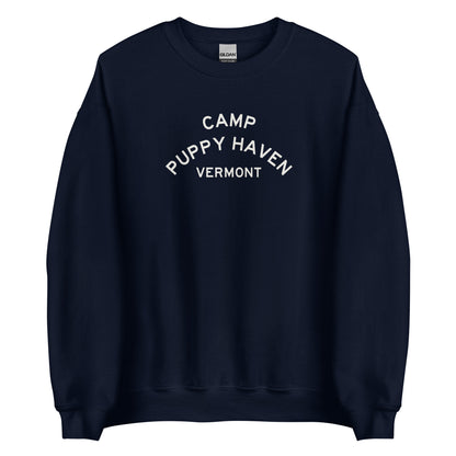 Camp Puppy Haven Vermont crewneck sweatshirt in Navy with cream three-tier camp lettering