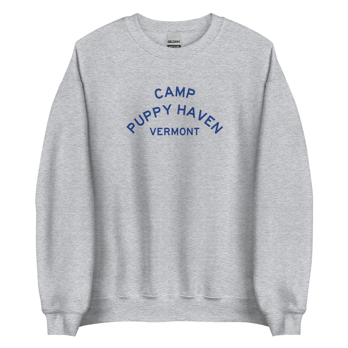 Camp Puppy Haven Vermont crewneck sweatshirt in Sport Grey with navy three-tier camp lettering