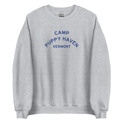 Camp Puppy Haven Vermont crewneck sweatshirt in Sport Grey with navy three-tier camp lettering