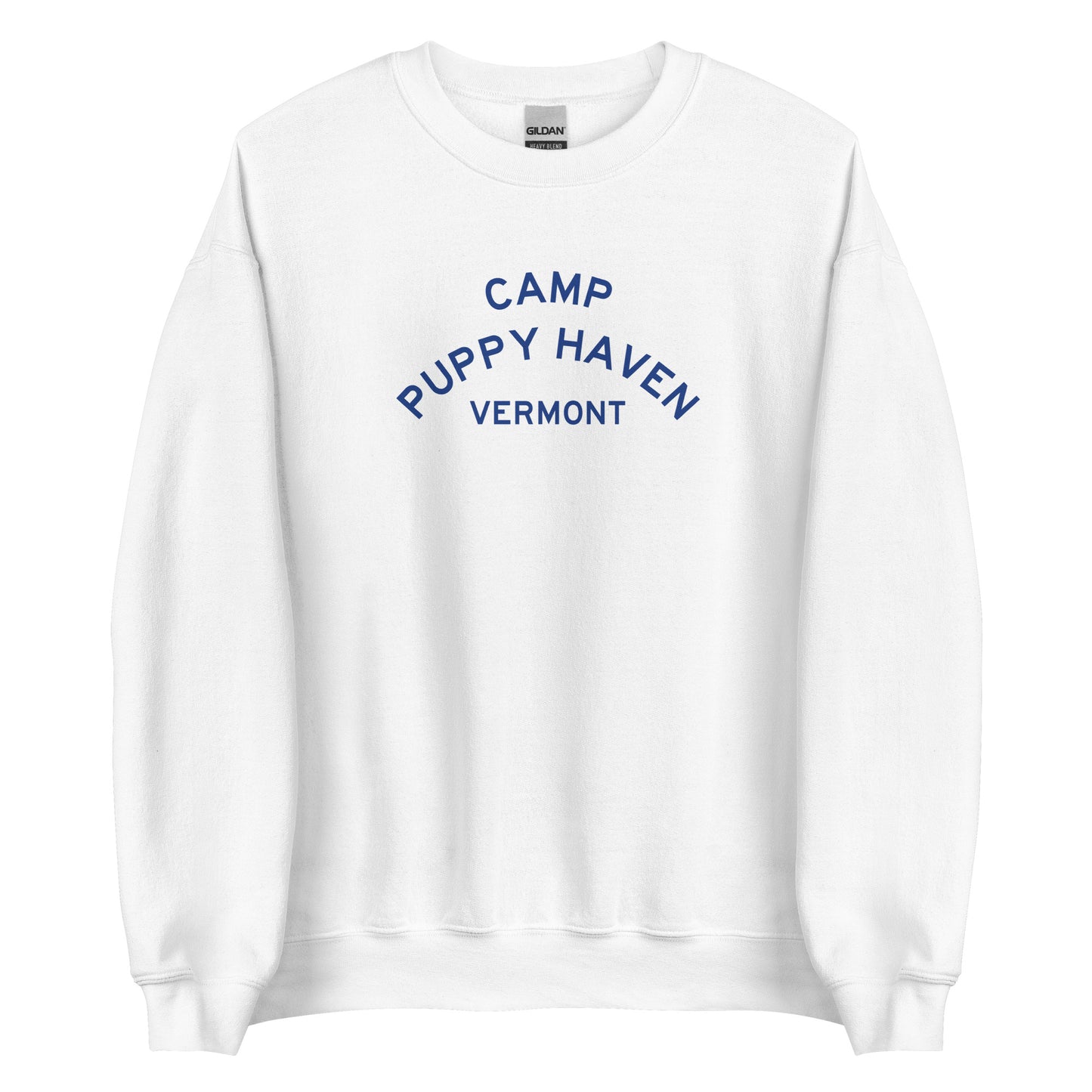 Camp Puppy Haven Vermont crewneck sweatshirt in White with navy three-tier camp lettering