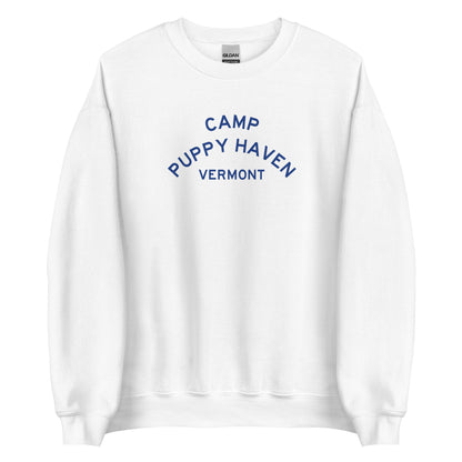 Camp Puppy Haven Vermont crewneck sweatshirt in White with navy three-tier camp lettering
