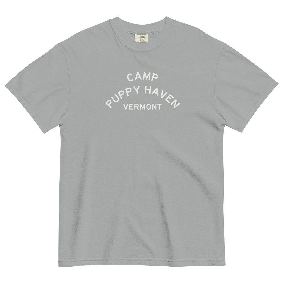 Camp Puppy Haven Vermont tee in Granite with navy three-tier camp lettering