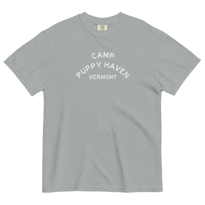 Camp Puppy Haven Vermont tee in Granite with navy three-tier camp lettering