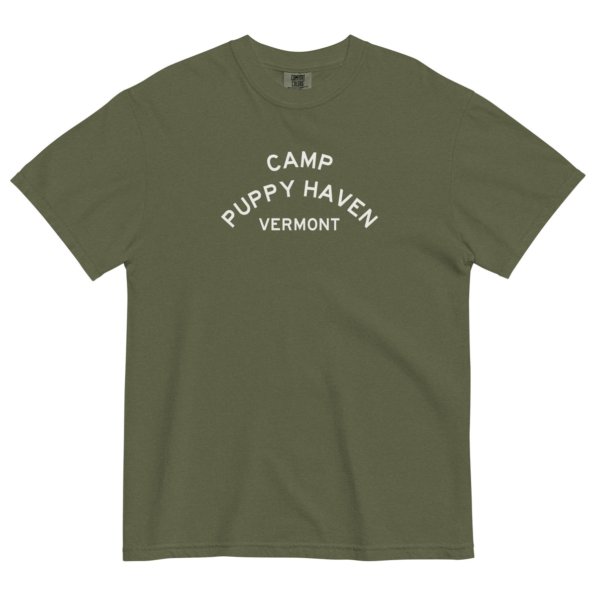 Camp Puppy Haven Vermont tee in Hemp with cream three-tier camp lettering