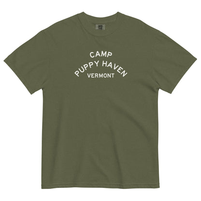 Camp Puppy Haven Vermont tee in Hemp with cream three-tier camp lettering