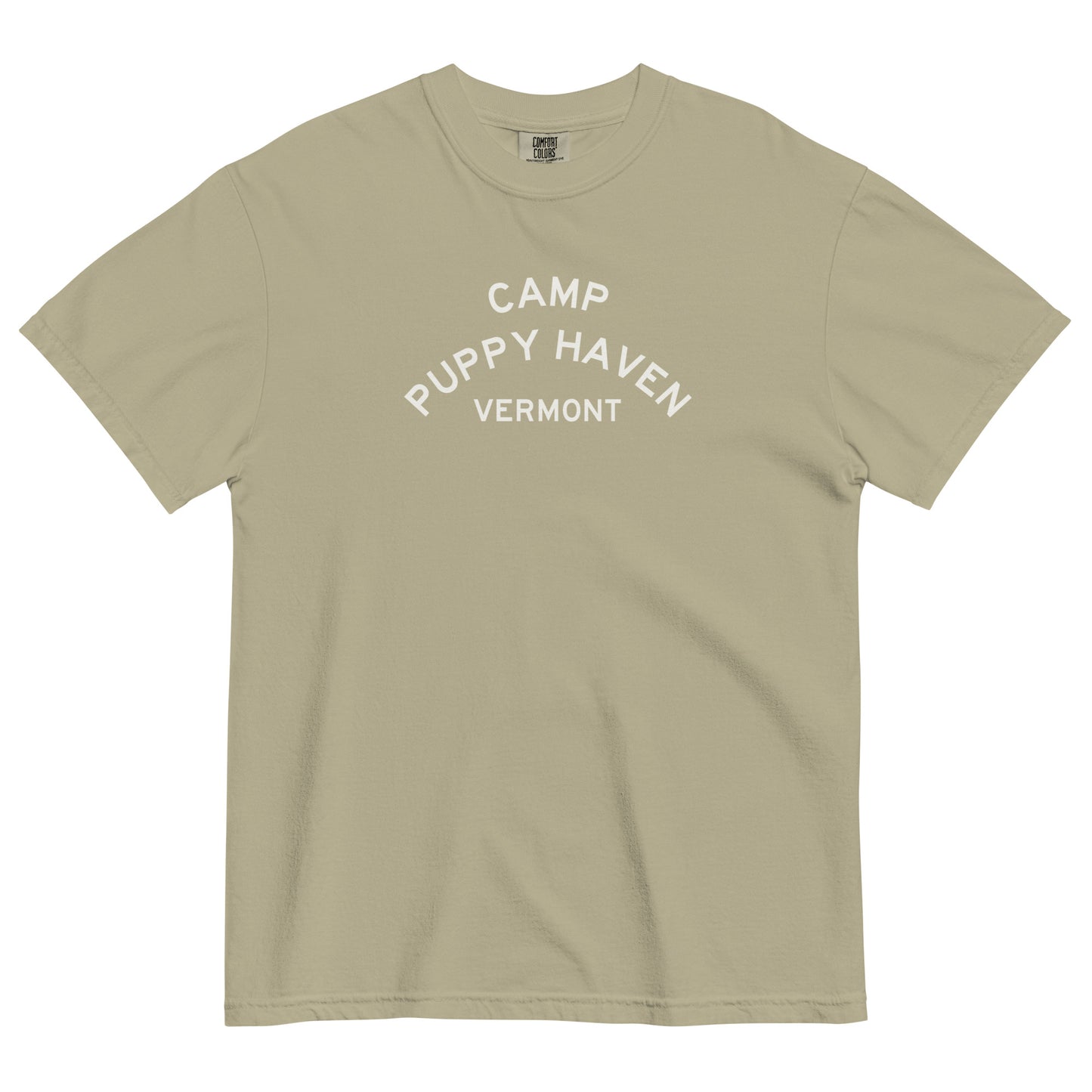 Camp Puppy Haven Vermont tee in Khaki with navy three-tier camp lettering