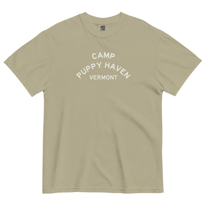 Camp Puppy Haven Vermont tee in Khaki with navy three-tier camp lettering