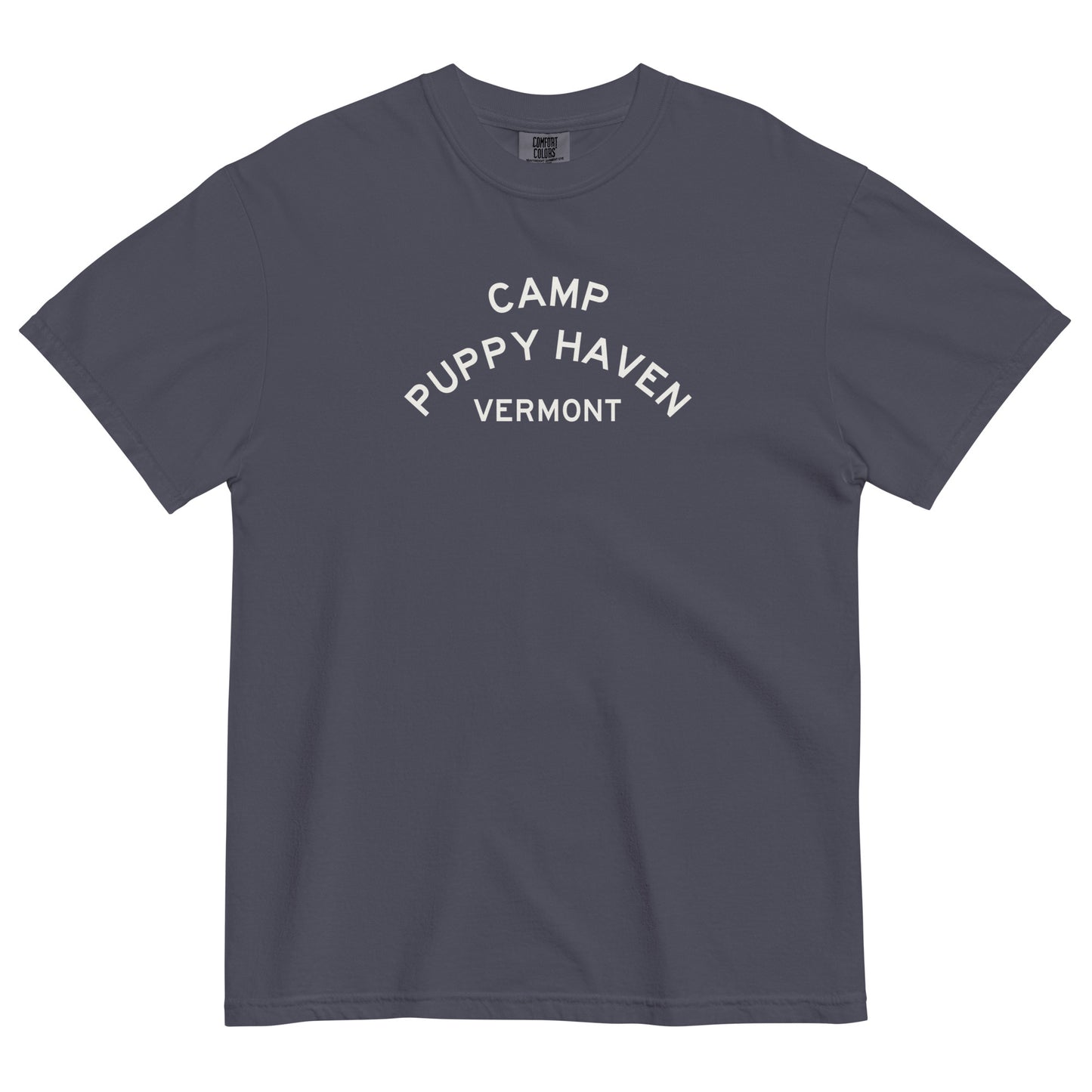 Camp Puppy Haven Vermont tee in Navy with cream three-tier camp lettering