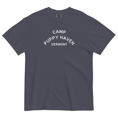 Camp Puppy Haven Vermont tee in Navy with cream three-tier camp lettering