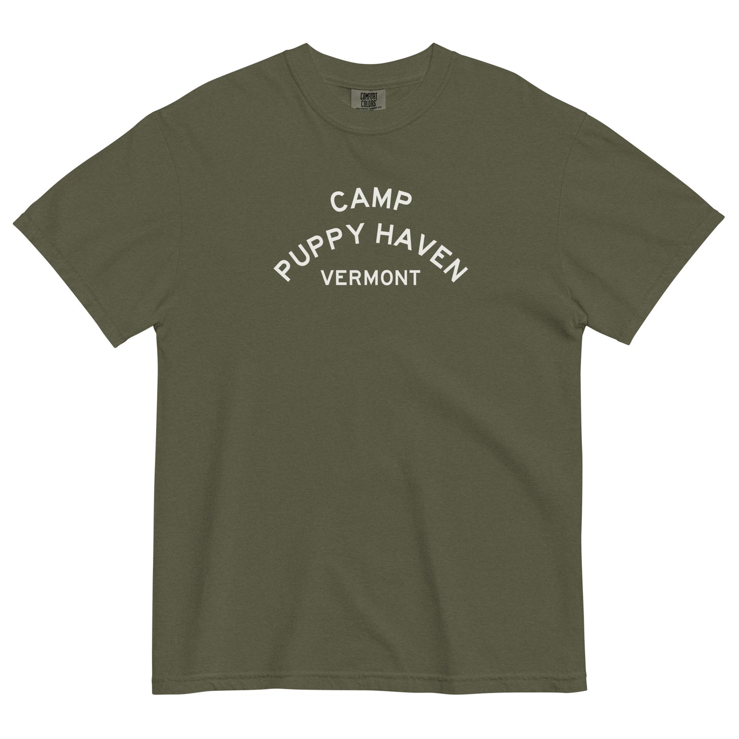 Camp Puppy Haven Vermont tee in Sage with cream three-tier camp lettering