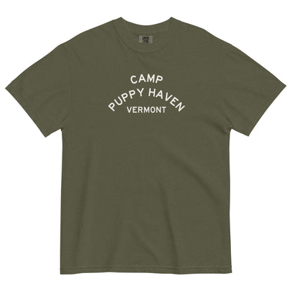 Camp Puppy Haven Vermont tee in Sage with cream three-tier camp lettering