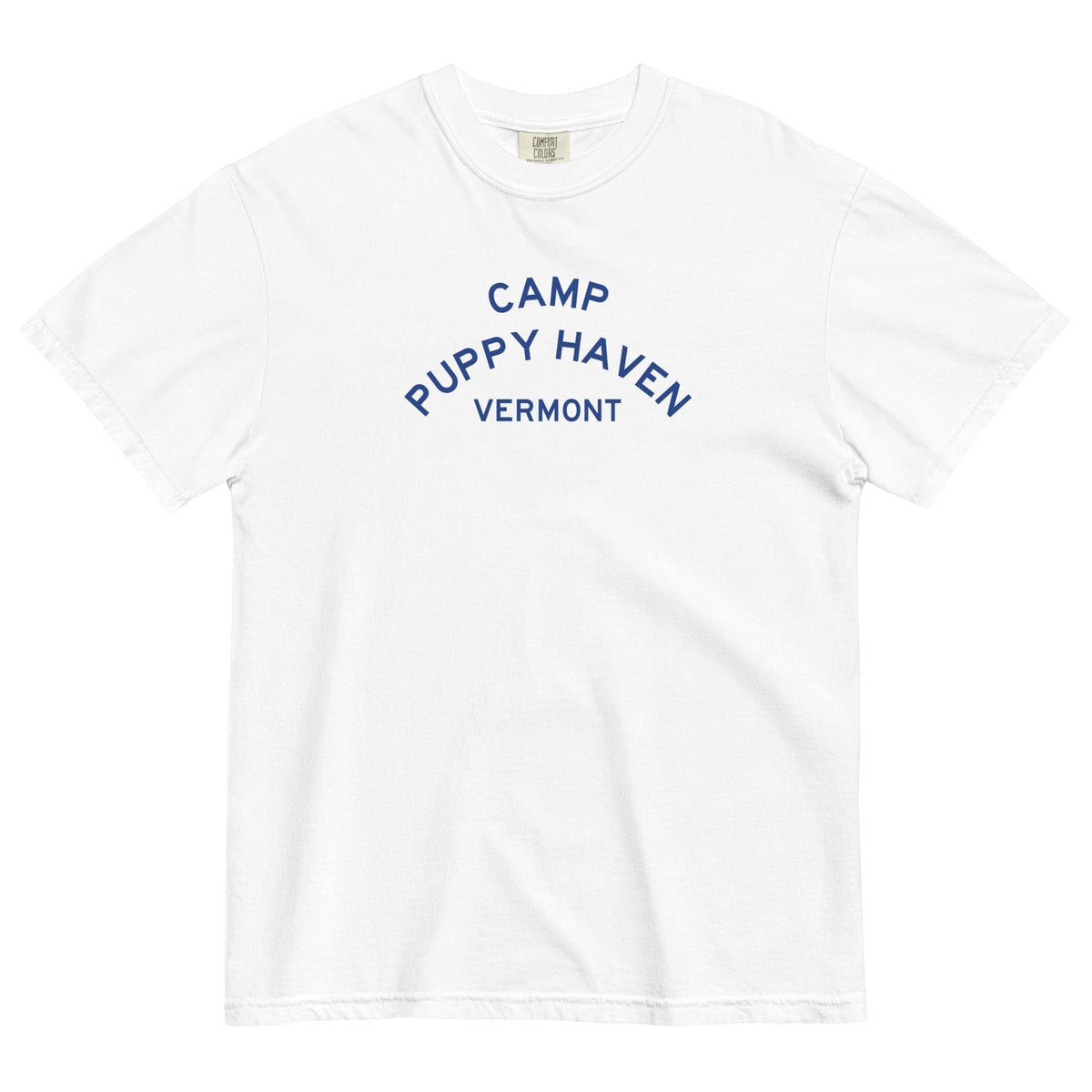 Camp Puppy Haven Vermont tee in White with navy three-tier camp lettering