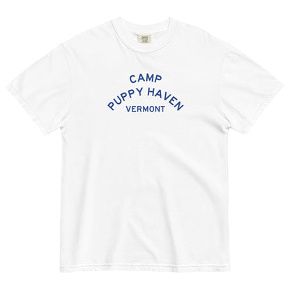 Camp Puppy Haven Vermont tee in White with navy three-tier camp lettering