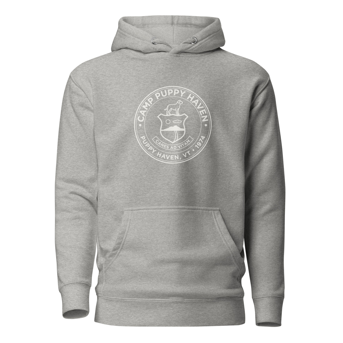 Camp Puppy Haven Badge Hoodie in Carbon Grey with tonal cream chest seal