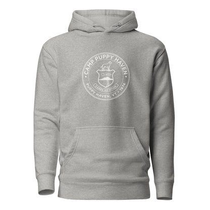 Camp Puppy Haven Badge Hoodie in Carbon Grey with tonal cream chest seal