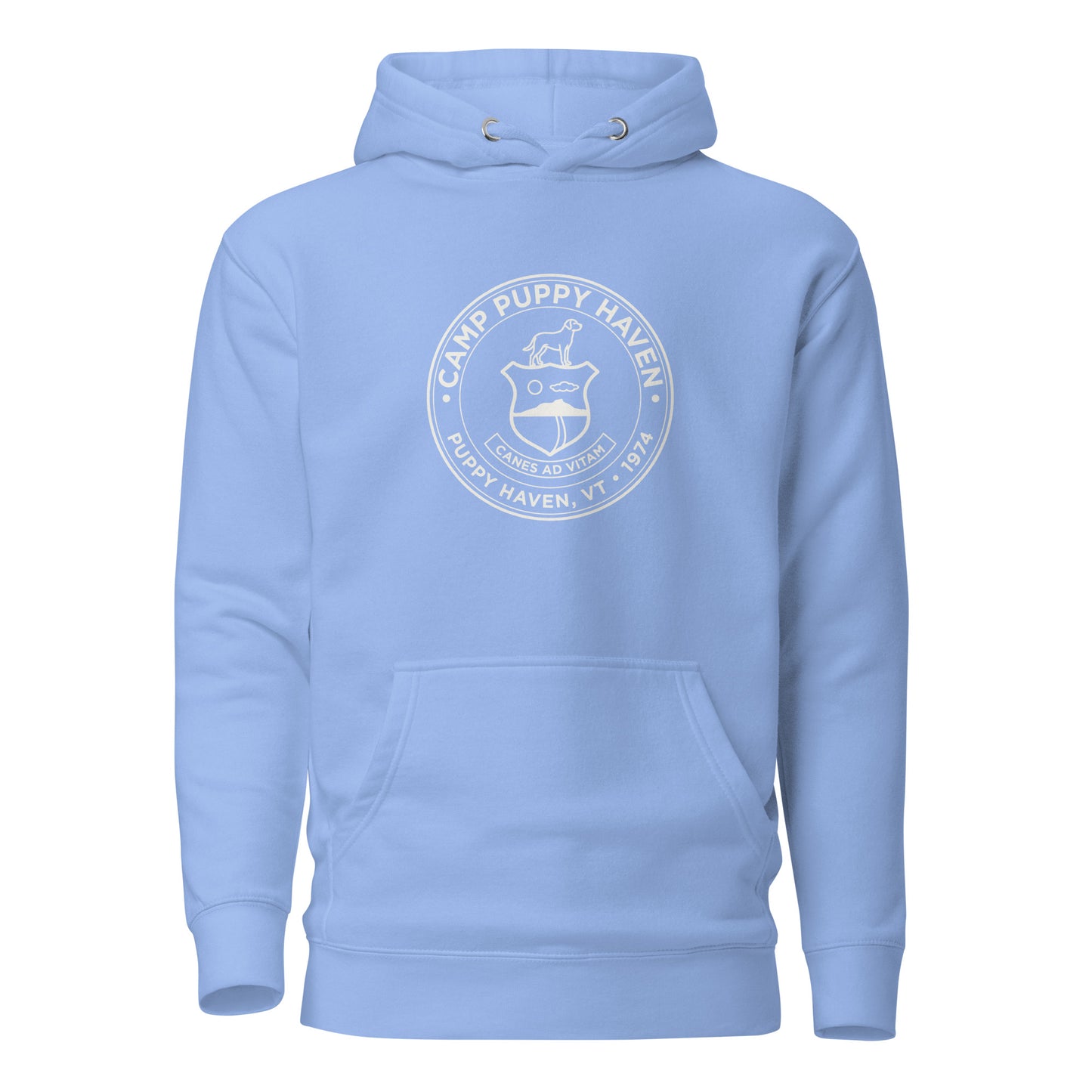 Camp Puppy Haven Badge Hoodie in Carolina Blue with navy chest seal