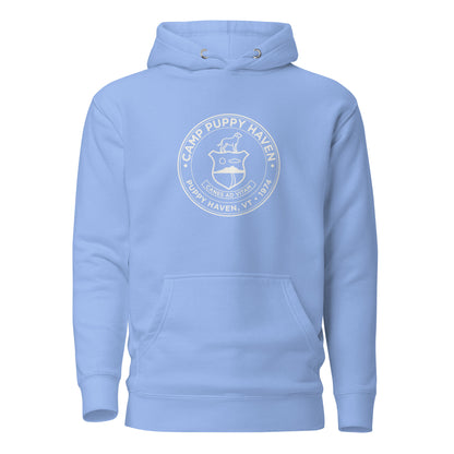Camp Puppy Haven Badge Hoodie in Carolina Blue with navy chest seal