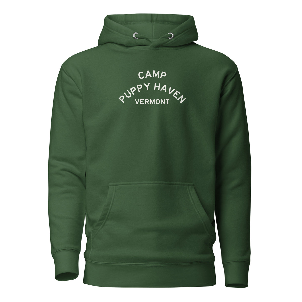 Camp Puppy Haven Vermont hoodie in Forest Green with cream three-tier camp lettering