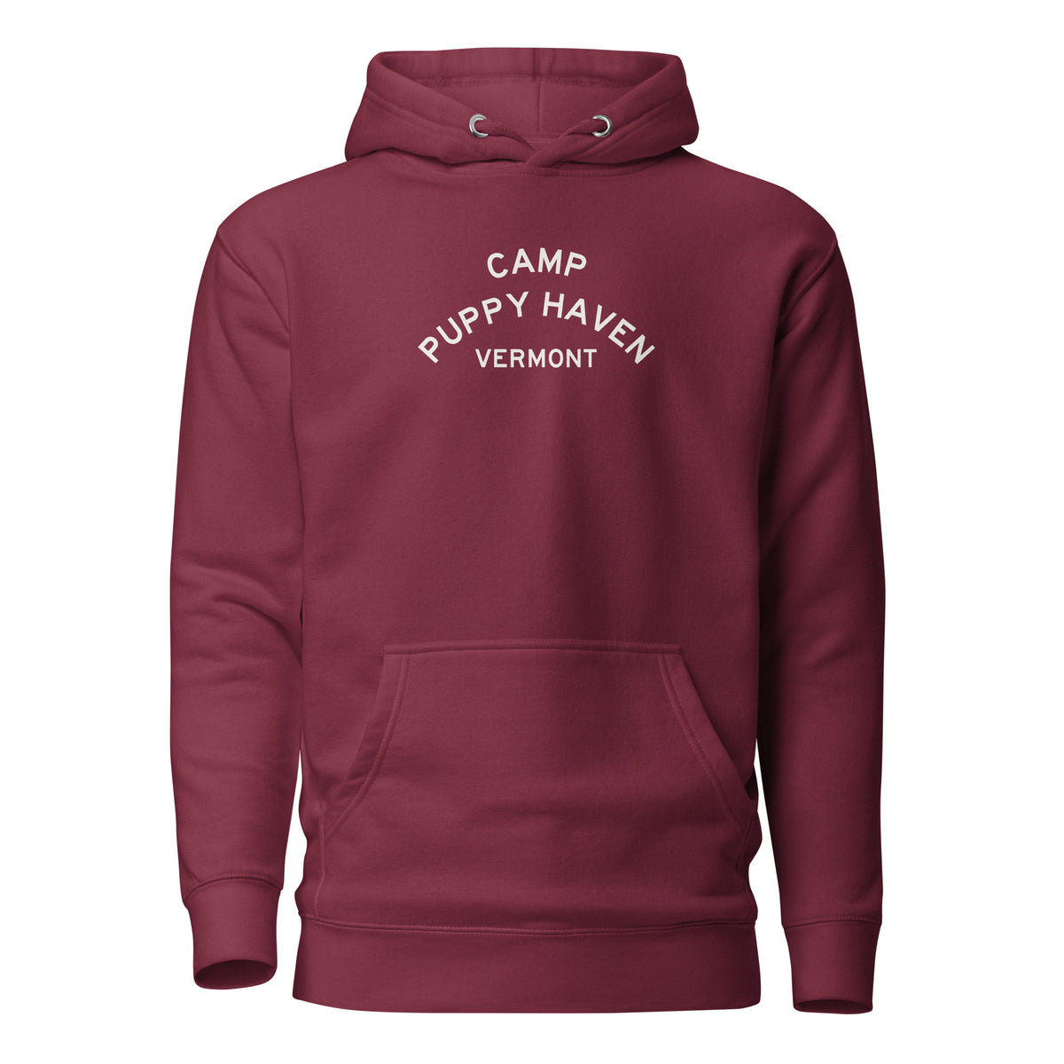 Camp Puppy Haven Vermont hoodie in Maroon with cream three-tier camp lettering