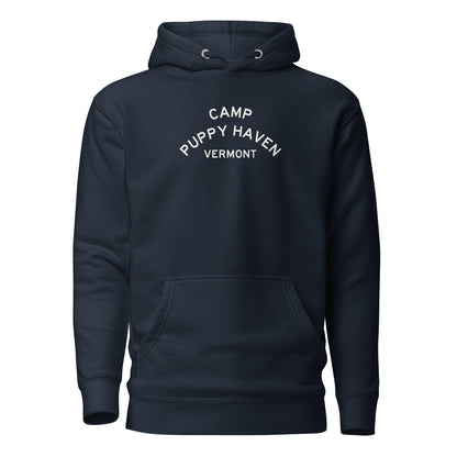Camp Puppy Haven Vermont hoodie in Navy Blazer with cream three-tier camp lettering