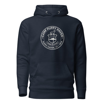 Camp Puppy Haven Badge Hoodie in Navy Blazer with cream chest seal