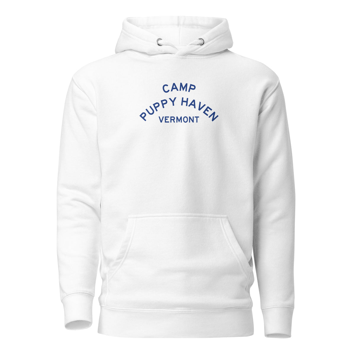 Camp Puppy Haven Vermont hoodie in White with navy three-tier camp lettering